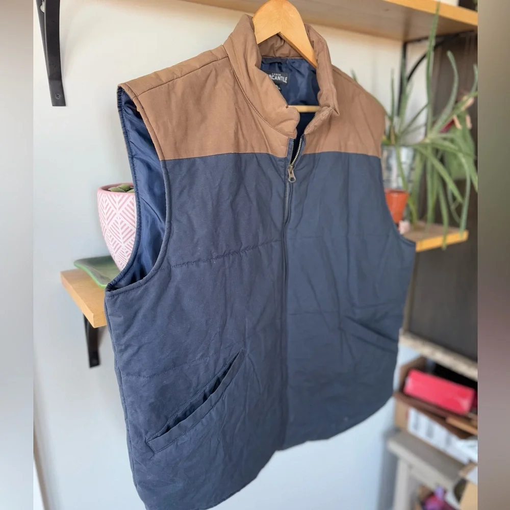 J. Crew Mercantile Navy Blue Brown Tan 2 Tone Cotton Puffer Fisherman Vest Sz XL